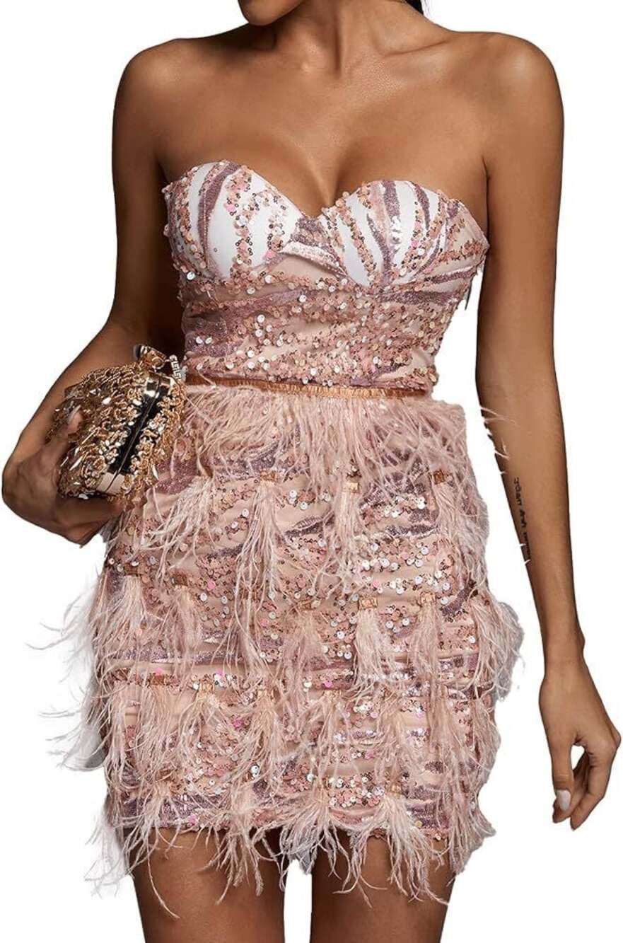 Bella Barnett Strapless Sequin Feather Corset Mini Dress